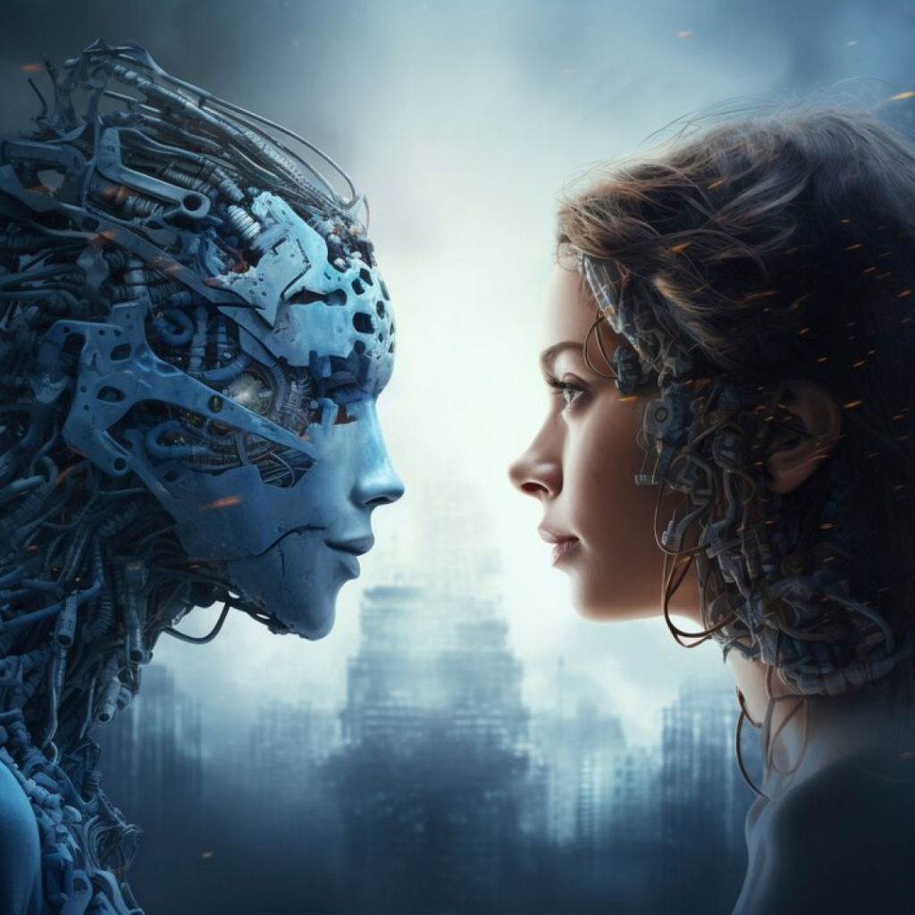 Futuristic image showing a face-to-face encounter between a human and a humanoid robot. The human, partially mechanized, and the robot, composed of intricate circuits and machinery, are gazing at each other against a backdrop of a foggy, dystopian cityscape.