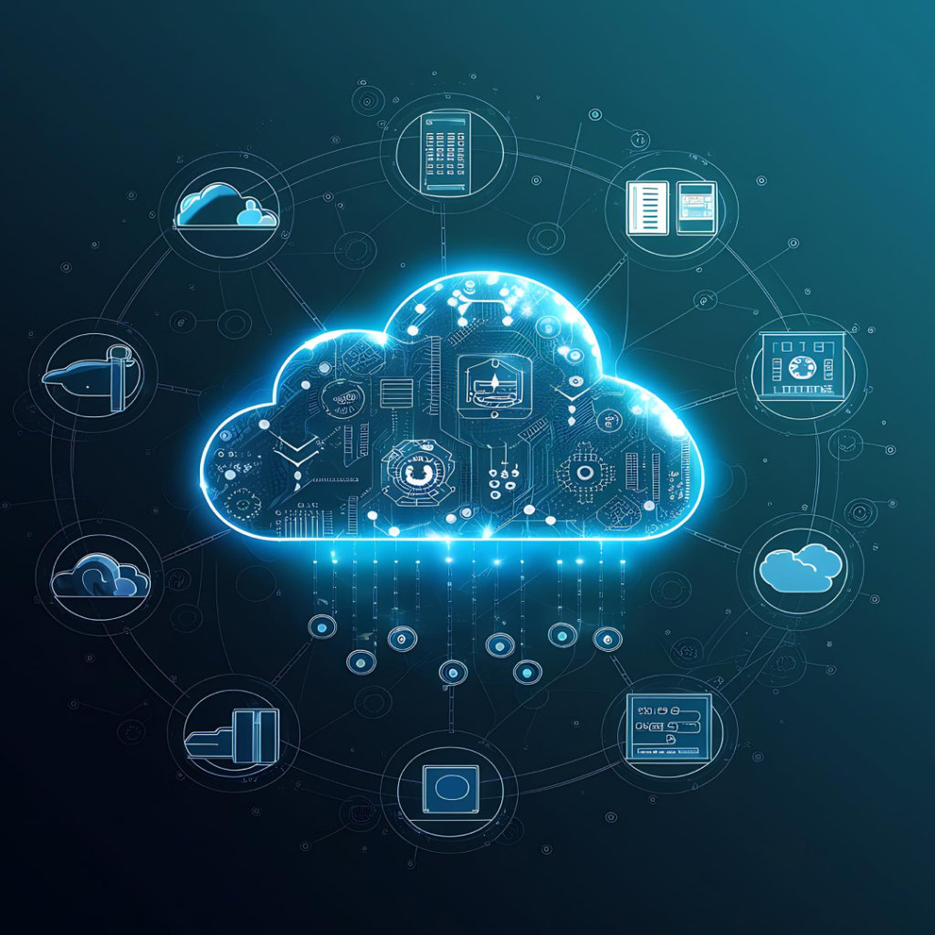 Illustration of cloud computing, featuring a glowing cloud at the center filled with digital icons representing data and technology. Surrounding the cloud are various connected devices and icons symbolizing hybrid cloud solutions, showcasing data flow and integration in a futuristic, tech-driven environment.